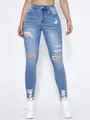 Front view of light blue ripped skinny jeans with distressed details on legs. - S / Bottoms / Lake Blue