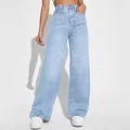 Stylish high-waisted light blue loose straight-leg stretch denim jeans for women in a clean studio - S / Bottoms / Light Blue