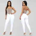 Front and back view of slim fit high waist white stretch denim pencil pants for women - S / Bottoms / White