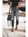 Stylish women's distressed straight-leg denim jeans featuring charcoal wash and raw hem - S / Bottoms / Black