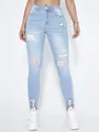 Light blue high waist distressed skinny jeans for women with ripped details - S / Bottoms / Light Blue