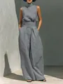 Detail of gray cotton linen sleeveless high neck top and wide-leg trousers set - S / Top And Bottom / Gray
