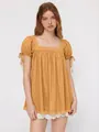 Ginger yellow square neck casual blouse with ruffle hem and tie-knot puff sleeves detail - XS / Tops / Orange