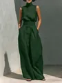 Chic dark green sleeveless high-neck linen top paired with elegant wide-leg trousers - S / Top And Bottom / Dark Green