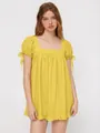 Detail of yellow square neck top featuring puff sleeves with ribbon tie accents - XS / Tops / Yellow