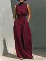 Elegant women's burgundy cotton linen set with high-neck sleeveless top and wide-leg pants - S / Top And Bottom / Burgundy
