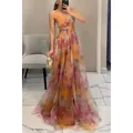 Floral mesh printed spaghetti strap maxi dress for summer vacation and evening parties - S / Top And Bottom / Orange Red