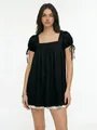 Women's stylish black square neck blouse featuring puff sleeves and bow tie cuffs - XS / Tops / Black