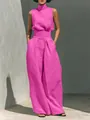 Vibrant pink sleeveless high-neck top and wide-leg cotton linen trouser set for summer. - S / Top And Bottom / Rose Red