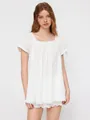 White square neck blouse with tie-up puff sleeves and delicate eyelet ruffle hem - XS / Tops / White