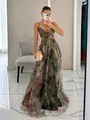 Elegant floral print mesh maxi dress with spaghetti straps and cutout waist detail - S / Top And Bottom / Army Green