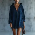 Loose navy blue hooded half-zip dress with fringe detailing and long sleeves - S / Top And Bottom / Dark Blue