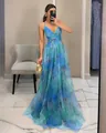 Elegant blue and green mesh printed camisole maxi dress for summer parties and vacations - S / Top And Bottom / Teal