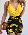Detailed close-up of a yellow and black floral print bodycon dress with pleated V-neckline - S / Top And Bottom / Yellow