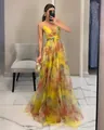 Elegant yellow printed mesh maxi dress with spaghetti straps for vacation and parties - S / Top And Bottom / Yellow
