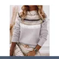 Women's grey semi-high collar pullover sweater with geometric print and ribbed cuffs - S / Tops / Light Gray
