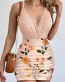 Floral ruched bodycon dress featuring a sexy V-neck and spaghetti straps design - Apricot
