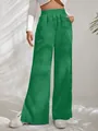Professional green high-waisted corduroy wide-leg trousers with slit hem for women - Green