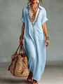 Loose light blue cotton linen maxi dress with V-neck embroidery and pocket detail - S / Tops / Sky Blue