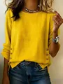 Casual yellow cotton linen long sleeve blouse with round neck and decorative side buttons - Yellow
