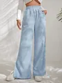 Detail view of light blue corduroy high waist wide leg trousers with split hem - S / Bottoms / Light Blue