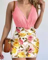 Detail of a slim fit patchwork dress with a pink top and floral print skirt. - S / Top And Bottom / Pink