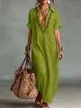 Bohemian loose green embroidered cotton linen maxi dress with pocket for summer - Olive Green