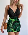 Close-up of sexy patchwork bodycon dress featuring black top and tropical leaf print - Green Marijuana Leaf
