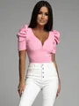 Fashionable model wearing a pink slim fit V-neck top with trendy puff sleeve details - S / Tops / Pink