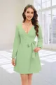 Detail view of a sage green wrap V-neck dress with lantern sleeves and a waist tie. - S / Light Green