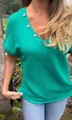 Lifestyle detail showing the fit and button design on the green waffle knit top - M / Tops / Green