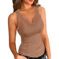 Slim fit brown ribbed tank top for women with notch neckline sleeveless design - S / Tops / Khaki