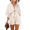 Stylish summer striped short romper for women featuring a deep V-neck and bell sleeves - S / Khaki