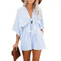 Stylish summer blue and white striped romper featuring deep V-neck and elegant flare sleeves - S / Light Blue