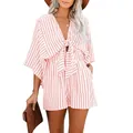 Summer striped jumpsuit with deep V-neck, tie front and bell sleeves in pink white - S / Pink