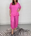 Vibrant pink women's casual loose two-piece set with short sleeve top and wide-leg trousers - Rose Red