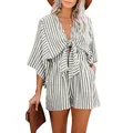 Stylish summer striped romper for women featuring a deep V-neck and elegant bell sleeves - S / Black and Gray