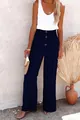 Women's navy blue wide-leg cotton linen trousers with high elastic waist and buttons - Navy Blue