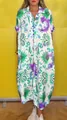 Casual loose maxi dress with green and purple paisley print on a white background - S / Tops / Green