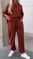 Stylish brick red round neck long sleeve top and pocket pants two-piece set for women - S / Top And Bottom / Dark Brown