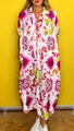 Stylish paisley print loose-fit shirt dress with a classic lapel collar detail. - S / Tops / Purple