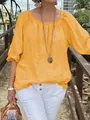 Stylish yellow linen blouse featuring a round neck and 3/4 sleeves in a relaxed fit - S / Tops / Yellow
