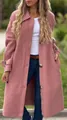 Detail of a long pink wool coat with large buttons worn outdoors in a casual style. - S / Tops / Pink