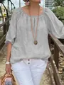 Detail view of casual grey round neck linen blouse with relaxed fit on model outdoors - S / Tops / Light Gray