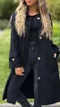 Detail of a casual long black wool coat featuring large decorative buttons - S / Tops / Black