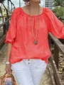 Detail showing texture of coral red cotton linen casual top with round neck and medium sleeves - S / Tops / Red