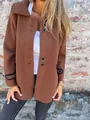 Detail view of brown single-breasted wool coat with turn-down collar and large buttons - Dark Brown
