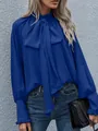 Elegante königsblaue Schluppenbluse mit hohem Kragen und langen Puffärmeln für Damen - Blau