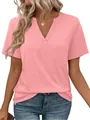 Women's pink V-neck short-sleeve T-shirt in solid color with casual slim fit design - S / Tops / Pink