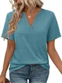 Close-up detail of women's blue V-neck short sleeve T-shirt with textured fabric - S / Tops / Teal